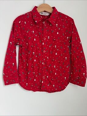 H&M | Kids Red Holiday Festive Novelty Print Button-Down Cotton Shirt Size 4-5Y